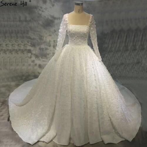 Dubai New White Luxury Big Trian Wedding Dress 2020 Long Sleeves Handmade Flowers High-eng Fashion Bridal Gown HA2164