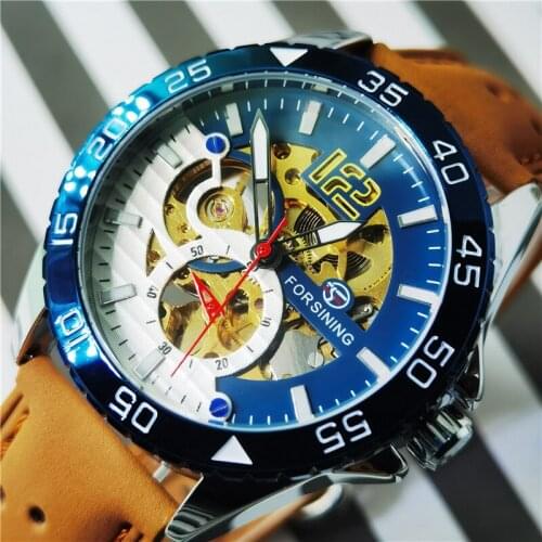 Forsining 2020 Unique Mens Automatic Mechanical Watch Creative Half Blue White Hollow Dial Genuine Leather Clock Fashion Relojes