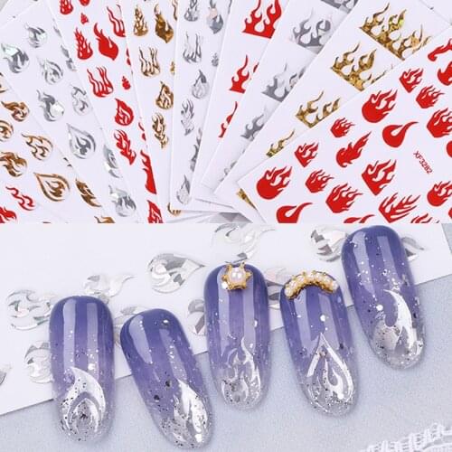 Holographic Flame Nails Sticker Art Fire Nail Decals Gold Silver Fires On Manicure Stencil Stickers On Nails