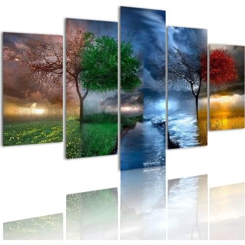 The Tree with Four Seasons 5 Panels HD Canvas Painting Posters Wall Art Print Pictures Living Room Interior Home Decor Frame