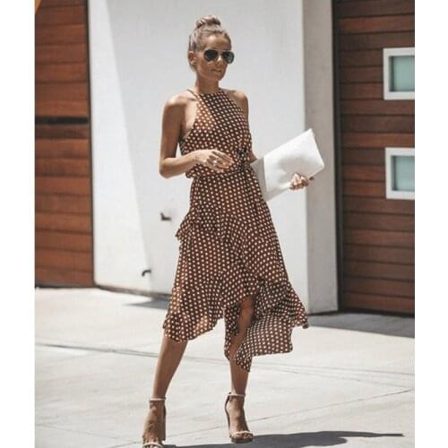 Summer Fashion Polka-dot Laced Irregular Dress Sleeveless High Waist Ruffles Midi Dress Vestidos