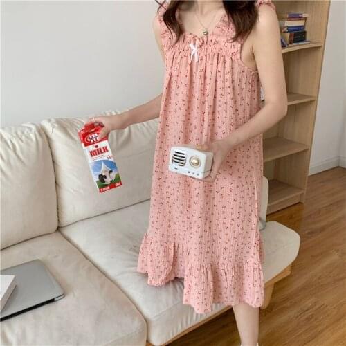 Summer New Soft Sweet Loose Spaghetti Strap Nightgowns Women Nightdress Cherry Print Crepe Cotton Sleepwear Sleeveless Homedress