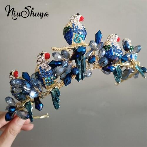 NiuShuya Lovely Parrot Baroque Crystal Crown Brides Blue Handmade Beads Wedding Jewelry Hair Accessories Princcess Headpiecess