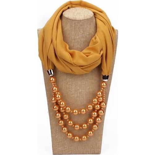 2019 New Women Hijab Soft Solid Chiffon Pendant Jewelry Scarf Wraps Pearl Mujer Necklaces Bufanda Lady Female Elegant Foulard
