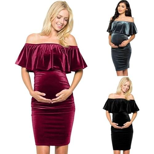 Autumn pregnancy dress Elegant Ladies maternity gown pregnant dress for baby shower prop Velvet off-Shoulder lotus collar