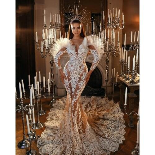 Sexy Pearls Lace Applique Wedding Dresses Bridal Gowns 2021 Arabic Beaded Long Sleeves Custom Made robe de mariee