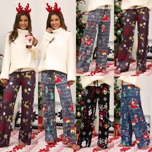 Print Elk Christmas Pants Womens Pants Trousers Slim Casual Loose Comfortable Wide Leg High Waist Drawstring Autumn Plus Size
