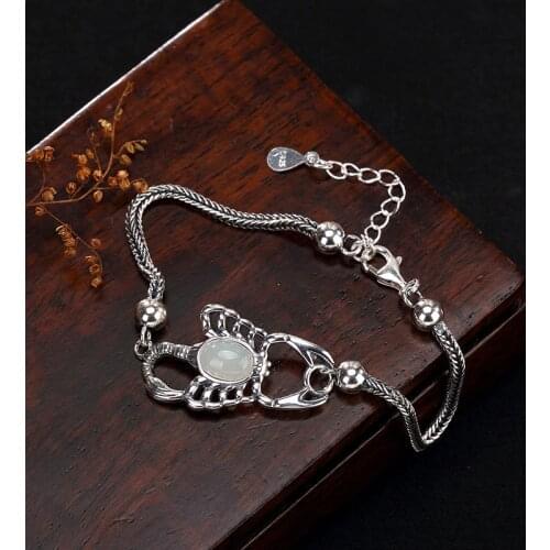 Sterling Silver Natural Hetian jade white jade Scorpio retro Thai silver personality high-end lady Bracelet wholesale