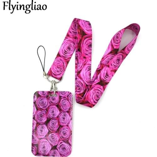 Red Pink Rose Women Fashion Lanyard ID Badge Holder Bus Pass Case Cover Slip Bank Credit Card Holder Strap Card Holder