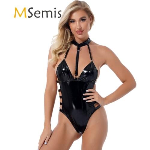 Womens Patent Leather Bodysuit Hollow Out Wet Look Backless Sleeveless Leotard Halter Cutout Catsuit Clubwear for Stage Show