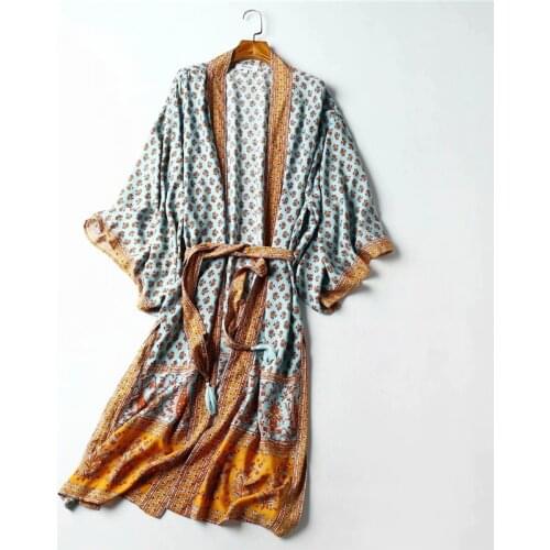 Women Floral Print Sashes Bohemian Happie Kimono Ladies V Neck Batwing Sleeves Boho Maxi Dress Robe