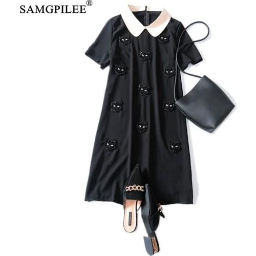 Women Dresses Summer 2021 Casual Dress A-line Short Sleeve Elegant Dress Beading Korean Women Peter Pan Collar Summer Dresses