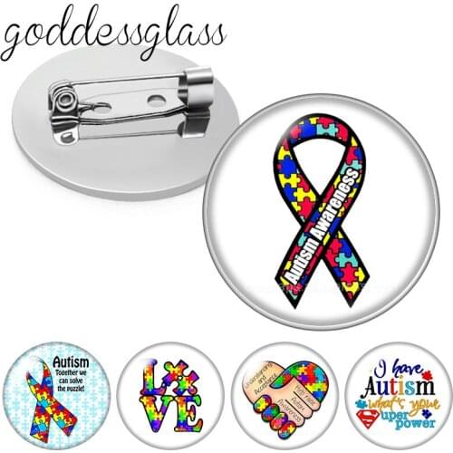 Autism Awareness Puzzle pieces Ribbon Love needs no words Round Glass cabochon Brooch Dome Photo Jewelry Brooches Pin For Gift
