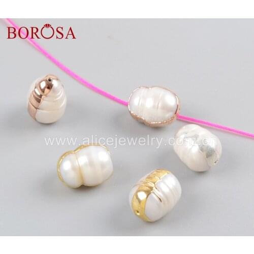 BOROSA Wholesale 20PCS Natural Freshwater Pearl Beads with 24k gold Plated for DIY Jewelry silver edged for bracelet WX1056
