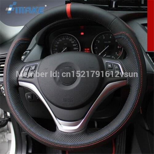 For BMW X1 High Quality Hand-stitched Anti-Slip Black Leather Blue Red Thread DIY Steering Wheel Cover