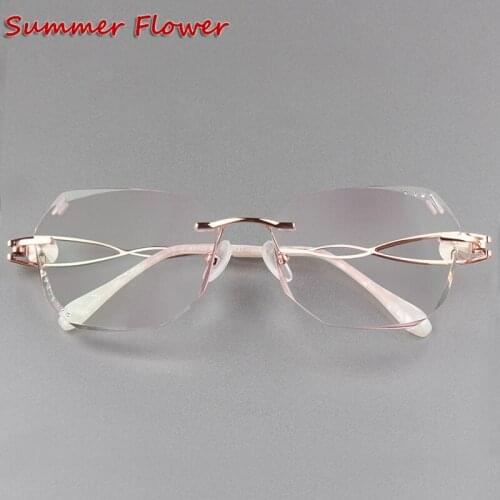 Colored Lenses Women Gradient Tint Prescription Lenses Anti Resistance Diamonds Frame Titanium Rimless Glasses for Female