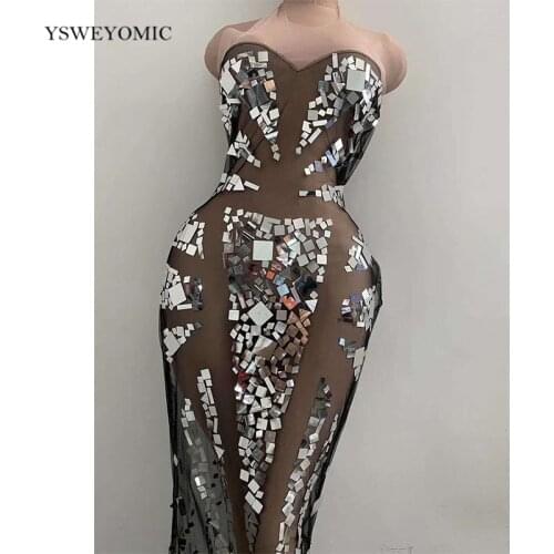 Women Party Long Dress Silver Sequin Transparent Net Long Dress Birthday Celebrate Dress Prom Party Women Dancer Bar Dress
