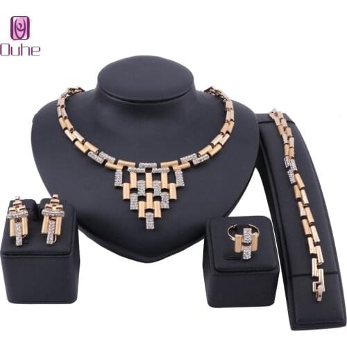 Women Customer Nigerian Wedding Dubai Gold Color Jewelry Sets Crystal Bridal Accessories Necklace Earring Bangle Ring Set
