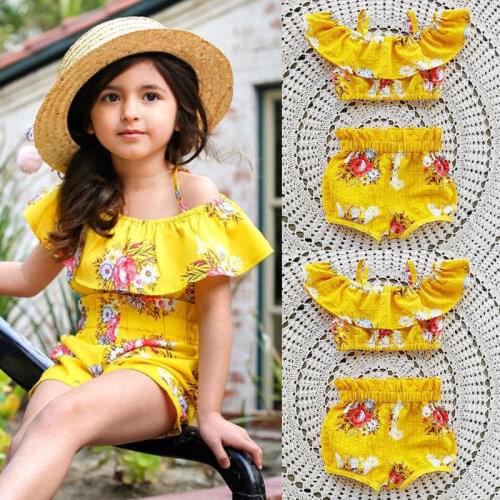 2Pcs Child Kids Littler Baby Girls Clothes Set Ruffles Royal Yellow Floral Straps Tops and Shorts Outfits Toddler Clothing
