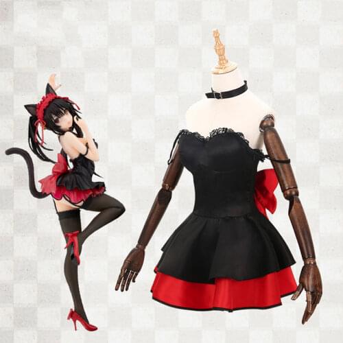 Anime DATE A LIVE Cosplay Costume Tokisaki Kurumi Black Cos Cat Sexy Woman Dress Full Set