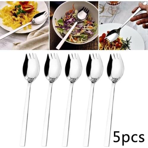 5Pcs 19CM Stainless Steel Spork Safe Non-toxic Soup Salad Noodle Spoon Corrosion Resistant Fork Cutlery Outdoor Tableware Silver