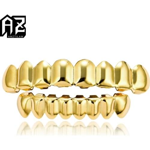 AZ Hip Hop Gold Color Teeth Grillz Set Top Bottom Tooth Grills Dental Mouth Goth Teeth Caps Cosplay Party Rapper Men’s Jewelry