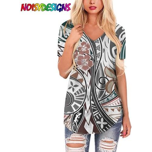 NOISYDESIGNS Fashion T Shirt Women Hawaiian Samoan Polynesian Tribal Print V-neck Short Sleeve Female T-Shirt New Womens Tshirt