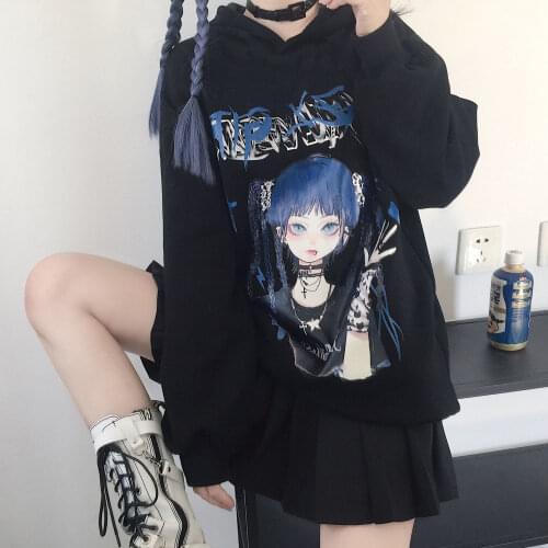 2021 new Japanese anime hip-hop long-sleeved sweater women winter Harajuku style JK loose dark black large size top trend