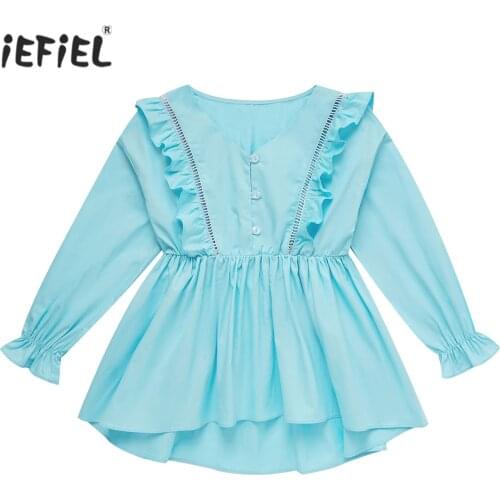 New Children Girls Shirt Blouse Spring Autumn Cotton Kids Clothing Girls Tops Pure Color V Neck Long Sleeve Ruffled Peplum Top