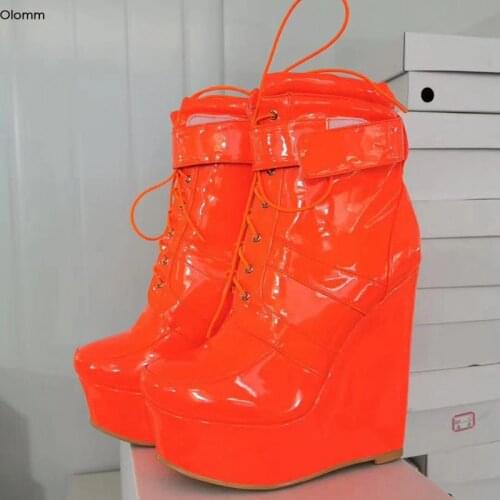 Olomm Handmade Women Platform Ankle Boots Wedges High Heel Boots Round Toe Shiny Red Pink Party Shoes Women Plus US Size 5-15