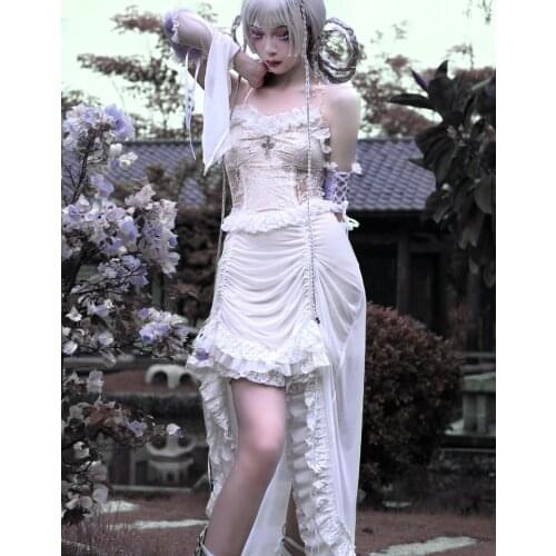 Original Design White Gothic Rope Lace Flying Sleeve Stiletto Strap Dress Asymmetric Light Lolita Summer Party Evening Dress