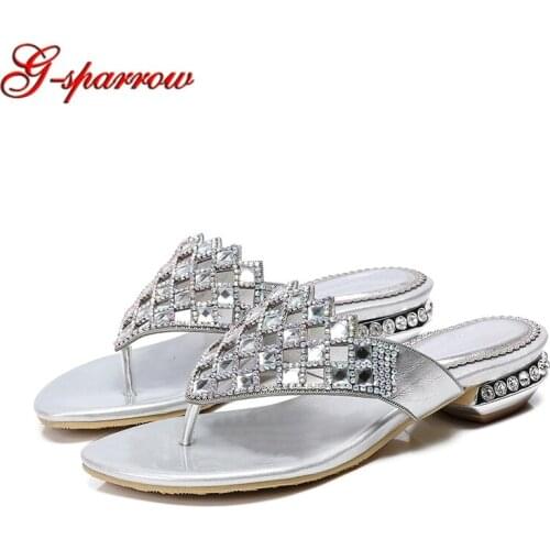 Dropshipping Crystal String bead clip toe slippers women Rome rhinestone flip flops lady summer slippers beach slides Plus Size