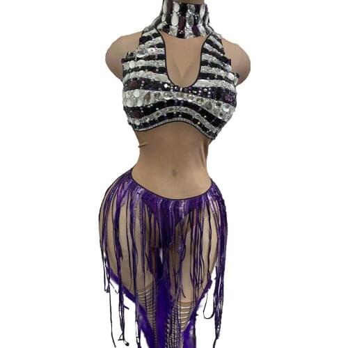 Sexy Crystal Tassel Nude Pole Dance Bodysuit Women Nightclub Party Leotard Singer Stage Clothes Showgirl Performance Costumes