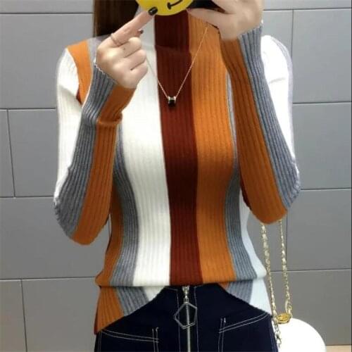 Color Striped Base Sweater Women Knitted Sweaters Thread Turtleneck Warm Pullover Slim Jumper High collar knit Female Sweater
