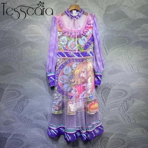 TESSCARA Women Luxury Mesh Dress Festa Female High Quality Long Elegant Party Robe Femme Runway Designer Vintage Print Vestidos