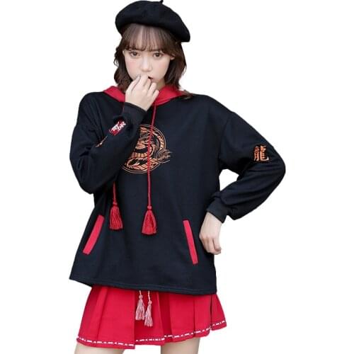Fleece Balck Hooded Sweatshirt Chinese Dragon Embroidery Hoodies Women 2020 Winter Oversize Sweet Style Female Harakuju Top