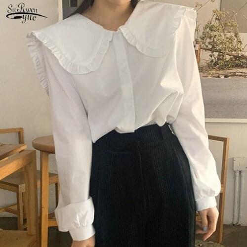 Spring Vintage Cotton Shirt Female Korean Chic Ruffles Single-Breasted White Blosue Women Long Sleeve Plus Size Tops Blusa 14836