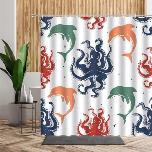 Funny Cartoon Fish Kids Bath Shower Curtain Whale Marine Life Bathroom Decor Printed Fabric Curtain Creative Child Home Decorate