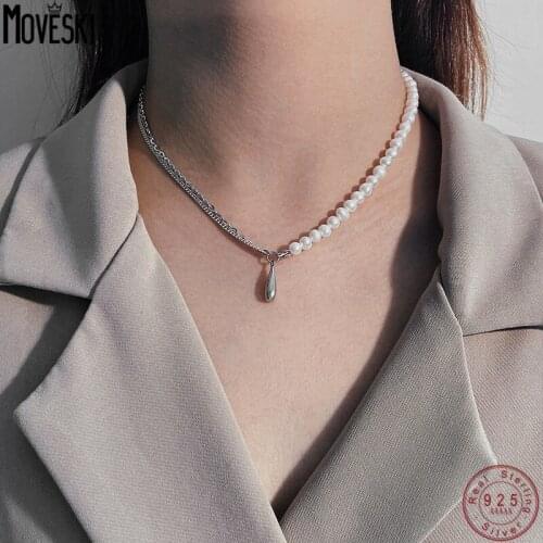 MOVESKI 925 Sterling Silver Korean Retro Water Drop Freshwater Pearl Chain Stitching Necklace Women Fashion Jewelry