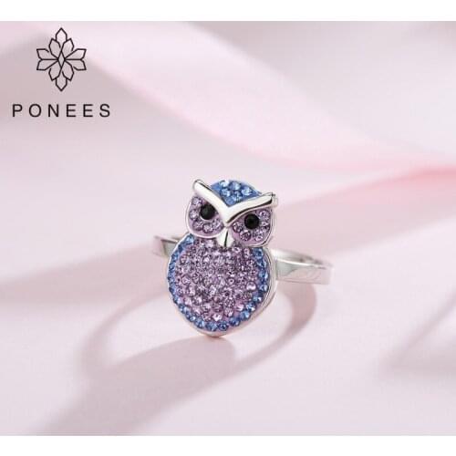 PONEES New Fashion Luminous Owl Rings For Women Rhodium Crystal Rings For Girl Lady Gift
