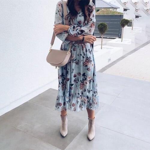 Women Bohemian Flower Printed Ruffled A-line Dress Long Sleeve V neck Elegant Casual Mid Dress 2020 Summer New Fashion Dress