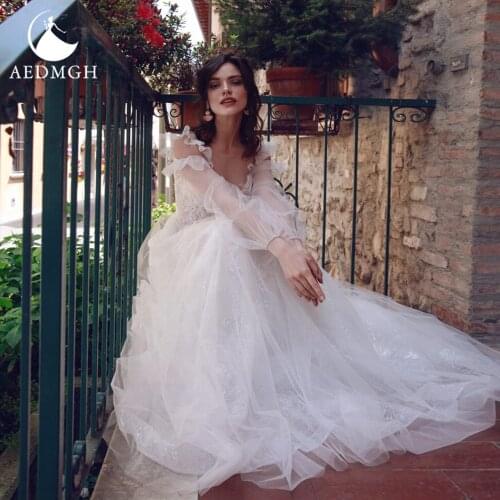 Aedmgh A-Line Boho Wedding Dresses 2021 Sweetheart Ruffles Sleeve Vestido De Novia Appliques Illusion Beach Fairy Bridal Gowns