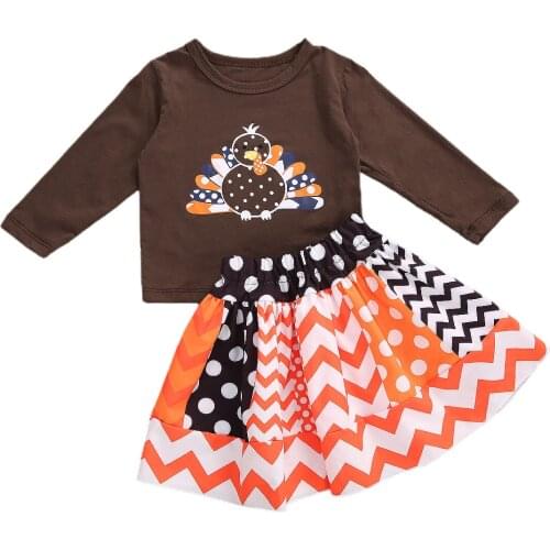 2 Pieces Baby Thanksgiving Clothes Suit Set Floral Print Round Neck long Sleeve T-Shirt and Skirt for Girls