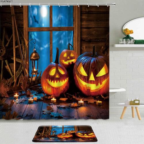 2Pcs Halloween Shower Curtain Cartoon Pumpkin Elves Pattern Horror Forest Non-Slip Bath Mat Decor Bathroom Hanging Curtains Set