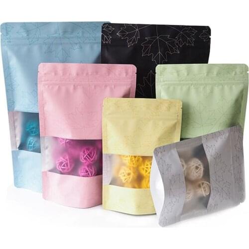 100pcs Color Maple Leaf Clear Scrub Window Stand-up Bag Dried Fruit Snacks Grain Aluminum Foil Zipper Bag Plastic Display Pouch