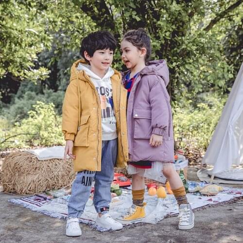 Childrens Long Down Coat Fall Winter New Boys & Girls Casual Down Overcoat Garments Kids Thickened Hat Outerwear Clothes P230