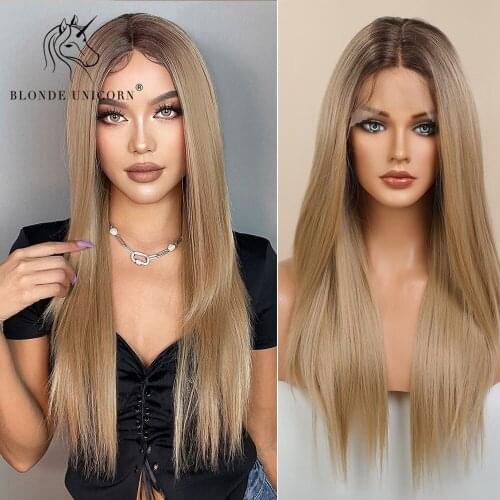 Blonde Unicorn Long Synthetic Straight Ombre Blonde Platinum Lace Part Wig for Women Cosplay High Density Hair Heat Resistant
