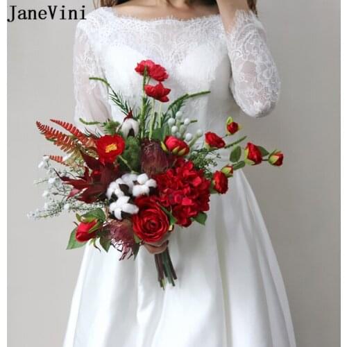 JaneVini 2020 Romantic Red Eucalyptus Wedding Bouquets Artificial Silk Roses Bridal Flowers Cotton Europe Style Bouquet De Marie