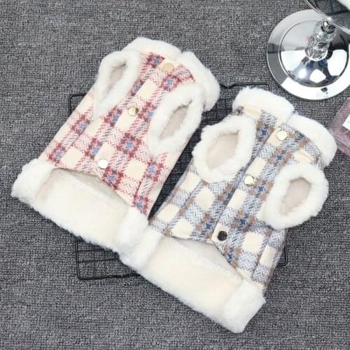 Plaid Coat Jacket Dog Clothes Print Velvet Dogs Clothing Pet Outfits Warm Cute Winter Yorkies Print Pink Girl Ropa Para Perro