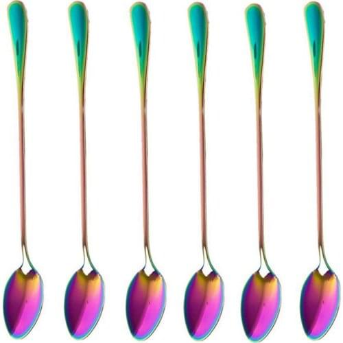 Coffee Teaspoons, Set of 6 Rainbow Color Coffee Spoon Long-Handle Ice Cream Desert Spoon Cocktail Stir Spoons Mixing Spoon, Poin